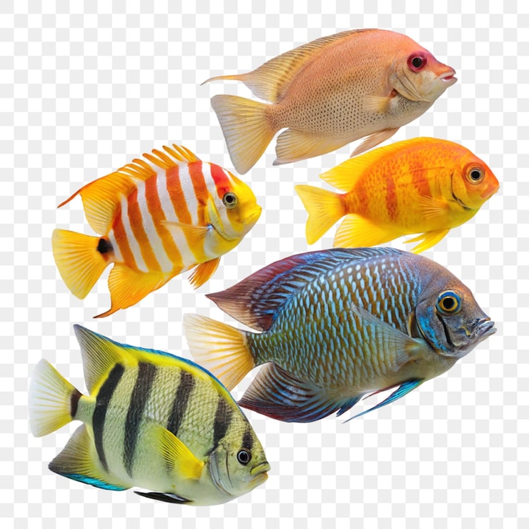 PSD grupo de peces tropicales aislados sobre un fondo transparente
