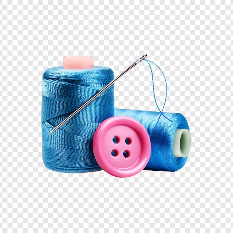 PSD el hilo de coser azul cielo con el botón de las telas rosas aislado en un fondo transparente
