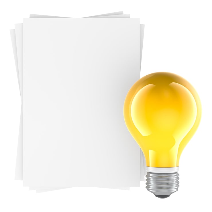 PSD hojas de papel en blanco y concepto de idea con bombilla, renderizado 3d