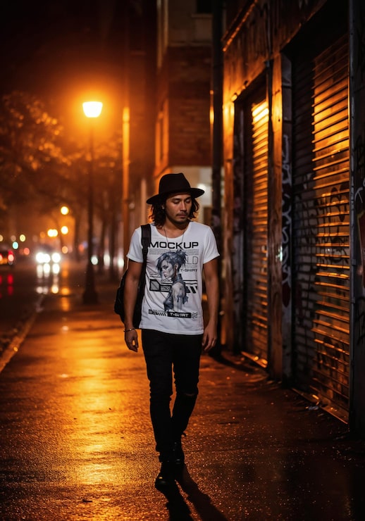 PSD hombre caminando por una calle de noche