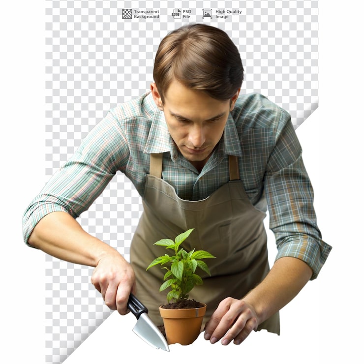 PSD hombre cuidando una planta joven en una olla que simboliza el cuidado del crecimiento