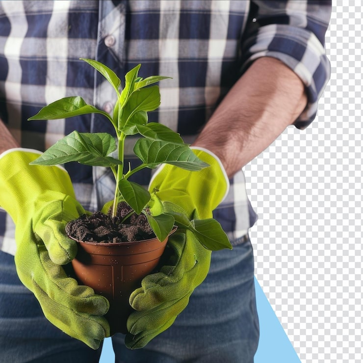 PSD hombre con guantes de jardinería sosteniendo la planta