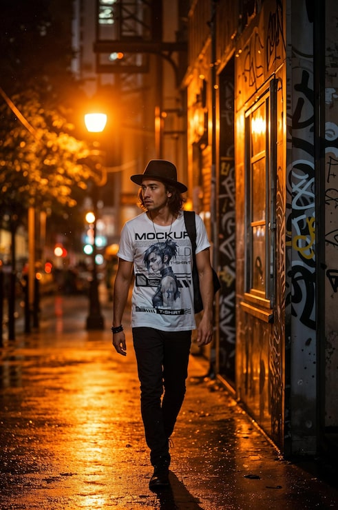 PSD hombre paseando por un callejón mojado de noche, llevando sombrero y camiseta