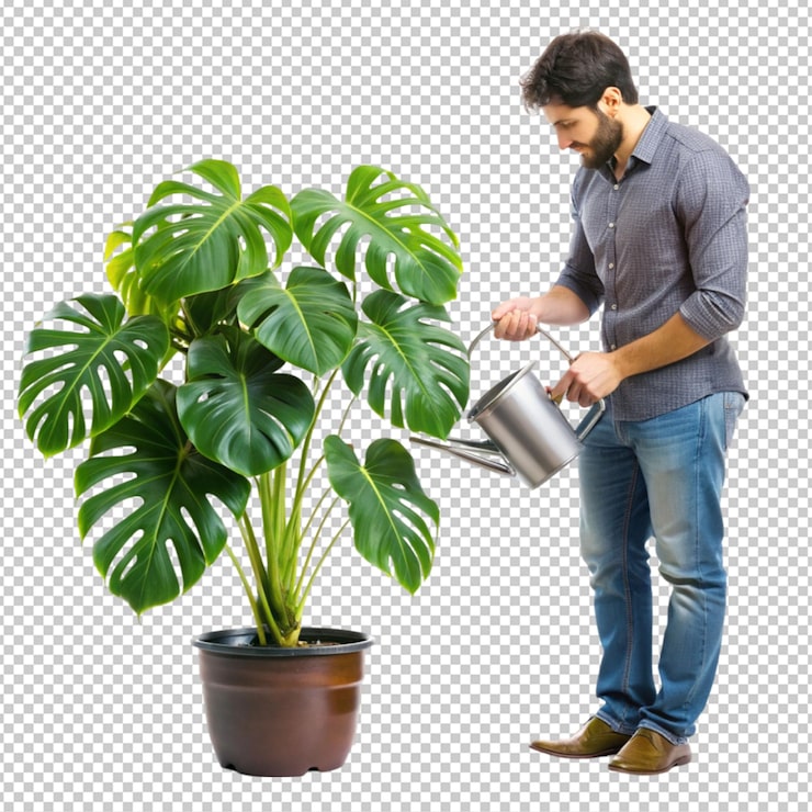 PSD un hombre riega una planta monstruosa de un riego en un fondo transparente