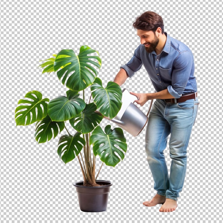 PSD un hombre riega una planta monstruosa de un riego en un fondo transparente