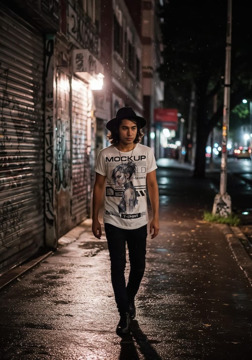 PSD hombre del sudeste asiático caminando por la calle de noche con una maqueta de camiseta blanca