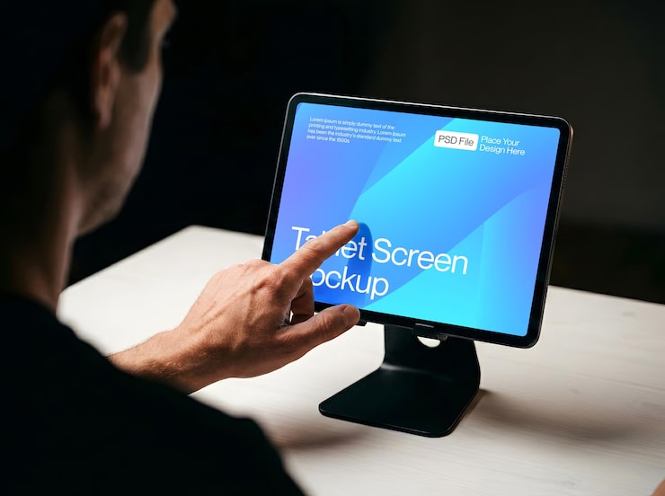 PSD hombre usando una maqueta de tablet en un soporte.