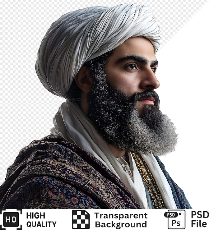 PSD un homme avec une barbe et un turban regardant de côté isolé sur un fond transparent
