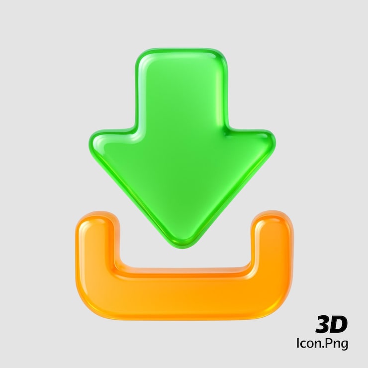 PSD icono de descarga 3d, flecha verde y bandeja naranja