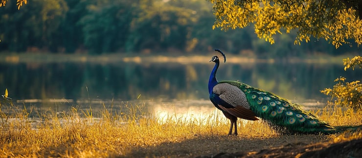 PSD il pavone al lago al tramonto
