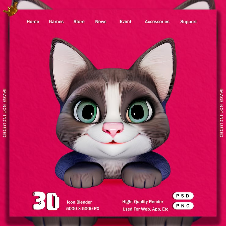 PSD illustrazione di gatto sorridente in stile cartone animato per web e app