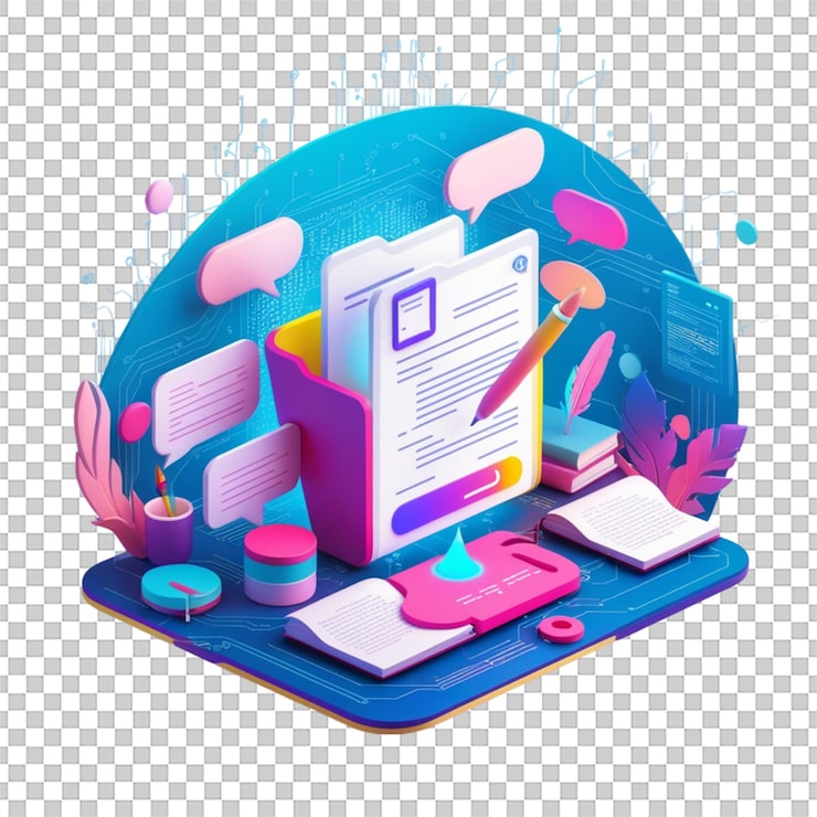 PSD ilustración de documentos en línea editables para la escritura creativa, la narración de historias y la educación en línea en 3d