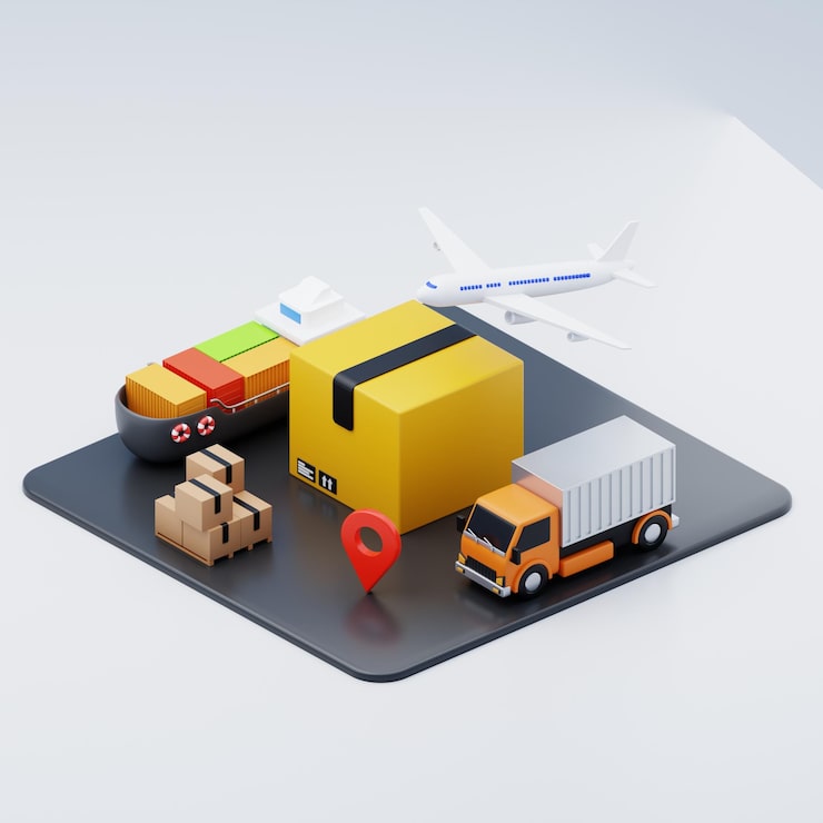 PSD ilustrasi 3d jaringan pengiriman paket dan transportasi global