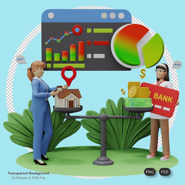 PSD ilustrasi pasar real estat, render 3d