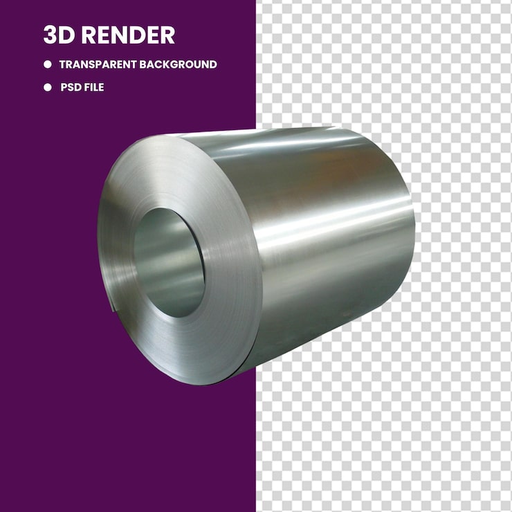 PSD imagen png de renderizado 3d de bobina de acero de alta resolución rollo de metal industrial fabricación de alta resistencia mat