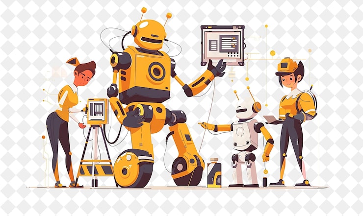 PSD ingeniero de robótica futurista con personajes de construcción y pr png gente en la ilustración de trabajo diario