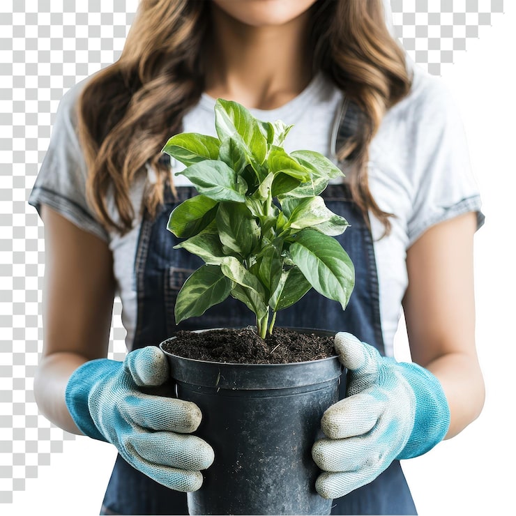 PSD una jardinera que sostiene una planta en maceta y lleva guantes de jardinería con fondo transparente