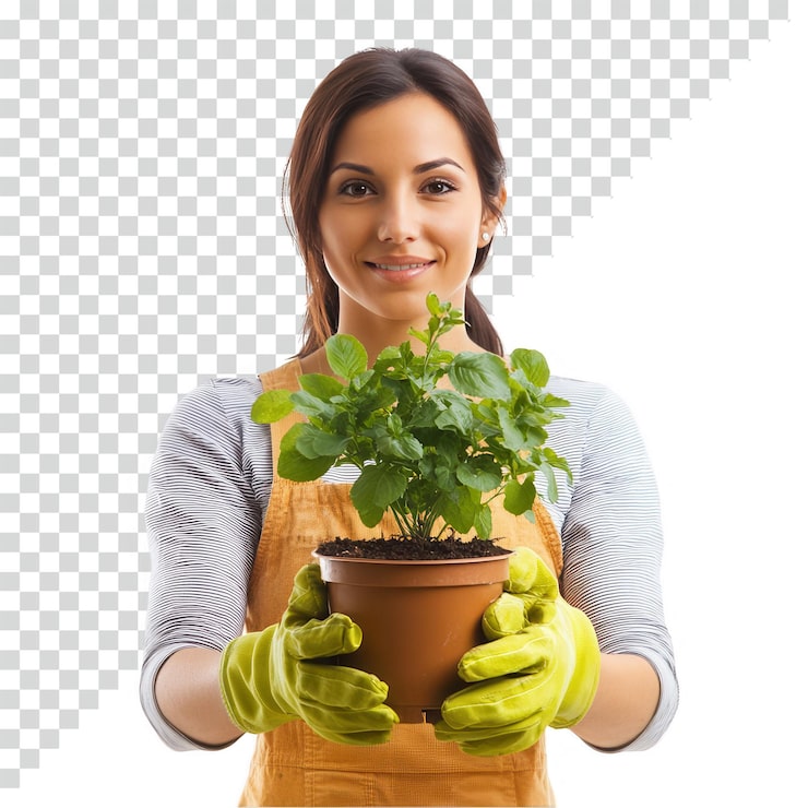 PSD una jardinera que sostiene una planta en maceta y lleva guantes de jardinería con fondo transparente