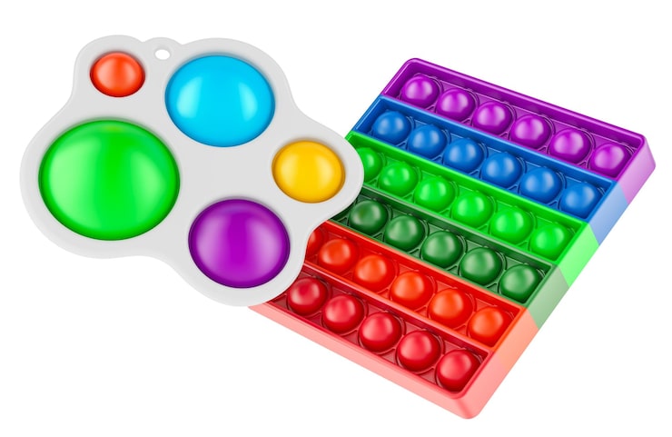 PSD juguetes de burbuja de estrés sensorial fidget con hoyuelos simples y silicona aislados sobre un fondo transparente