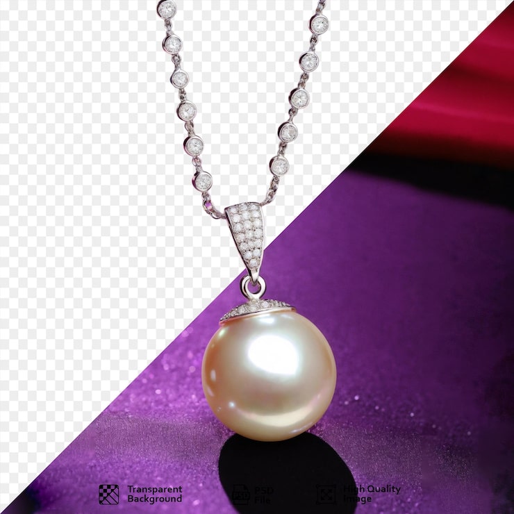 PSD kalung berlian mutiara putih dengan mutiara besar dan kalung mutiara