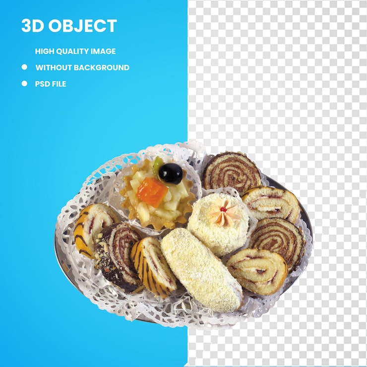 PSD kue buah 3d makanan muffin swiss roll permen