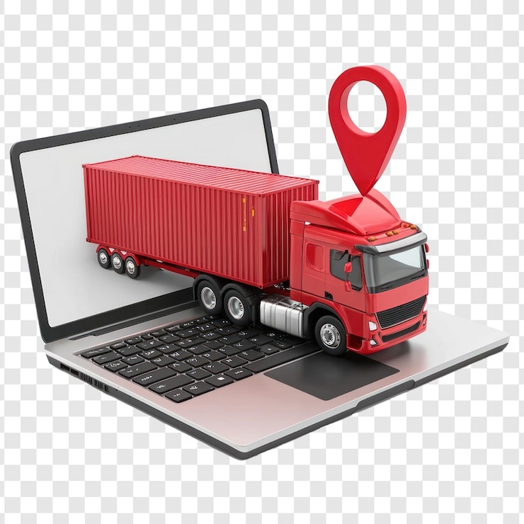 PSD laptop 3d dengan konsep logistik truk kontainer kargo dan tampilan samping pin merah terisolasi pada latar belakang transparansi