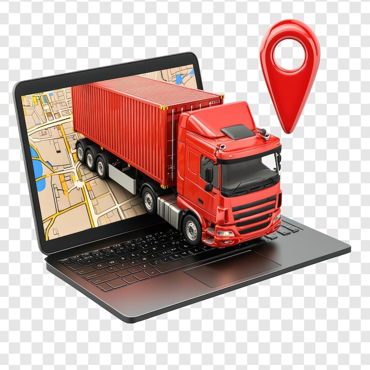 PSD laptop 3d dengan konsep logistik truk kontainer kargo dan tampilan samping pin merah terisolasi pada latar belakang transparansi
