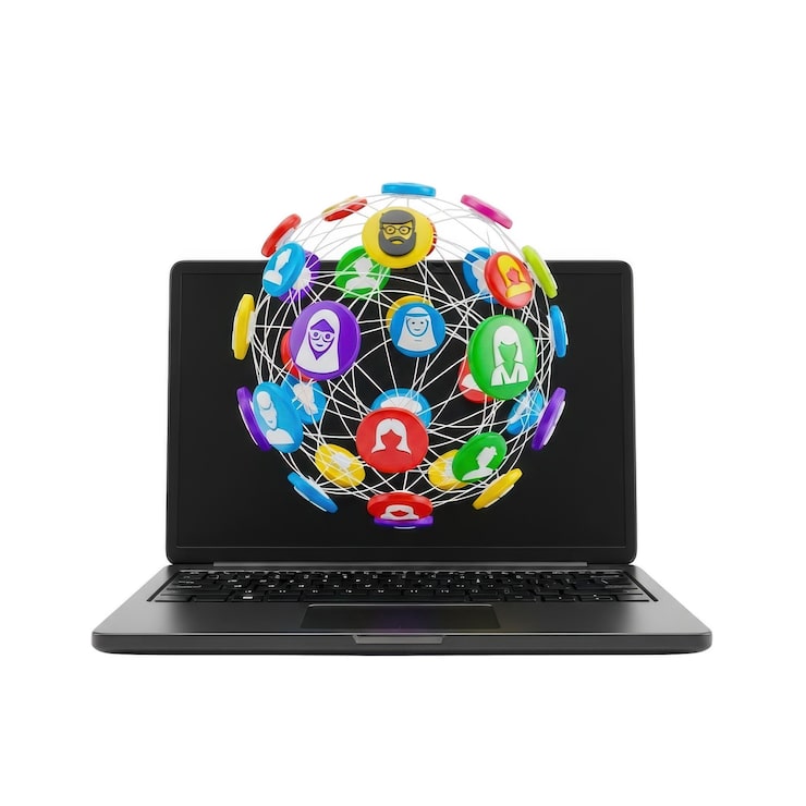 PSD laptop mostrando globo com ícones de perfil de usuário diversos conectados