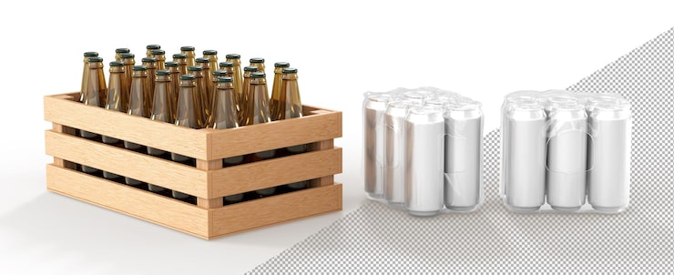 PSD latas em filme plástico e caixa de madeira garrafas de vidro cheias de cerveja frontal e vista de ângulo maquete de frascos de metal em embalagem transparente e caixa de madeira com bebidas alcoólicas em ilustração 3d de fundo branco