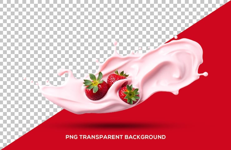 PSD leite ou iogurte salpicado com morangos renderização 3d