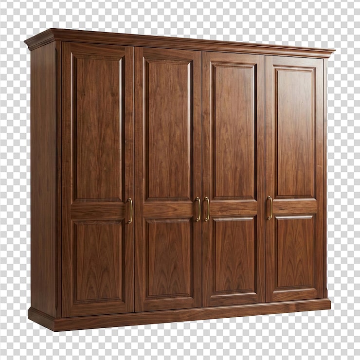 PSD lemari pakaian empat pintu kayu gelap elegan dengan desain klasik