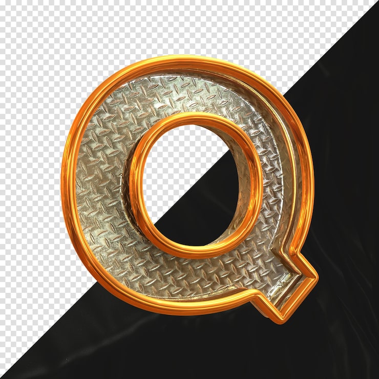 PSD letra q renderização em 3d com vista lateral de textura metálica realista