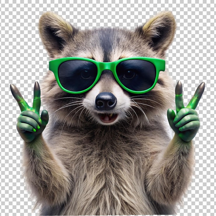 PSD lustiger waschbär in grünen sonnenbrillen, der eine felsbrille auf transparentem hintergrund zeigt