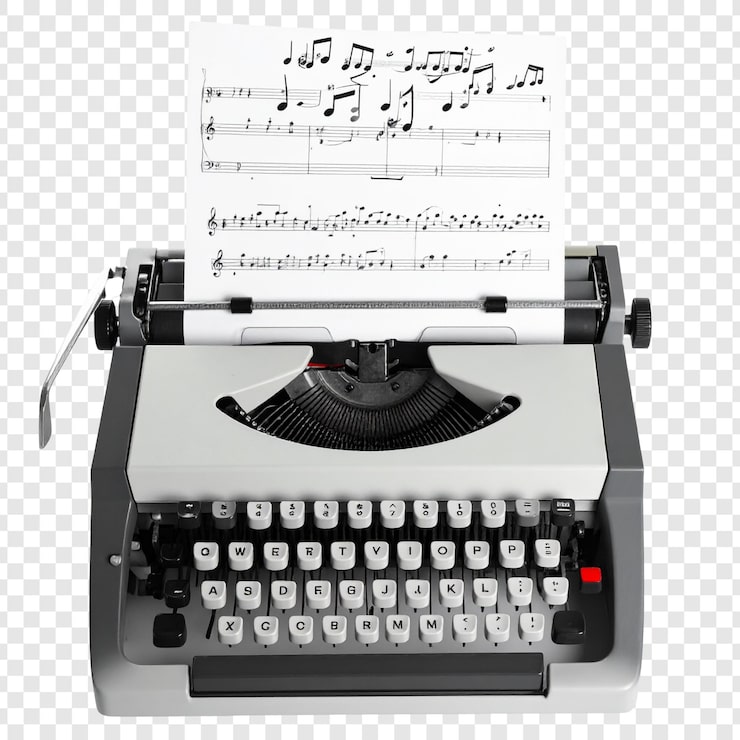 PSD machine à écrire vintage avec partitions de musique sur fond isolé