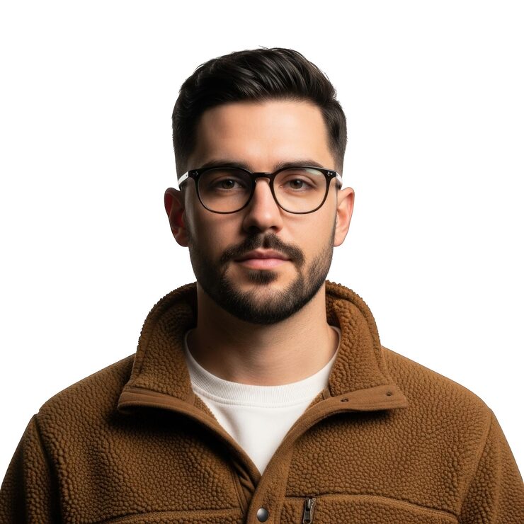 PSD mann mit brille und brauner fleecejacke