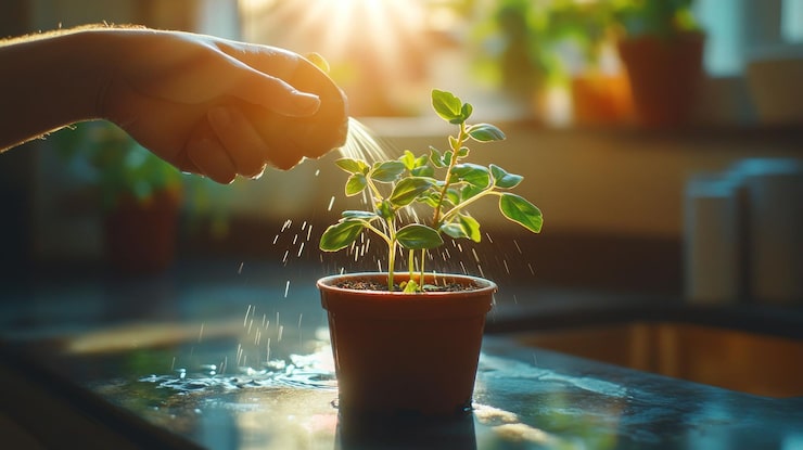 PSD la mano regando una pequeña planta en una olla a la luz del sol
