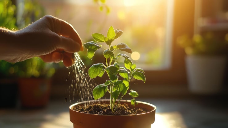 PSD la mano regando una planta de albahaca en una olla de terracota al atardecer