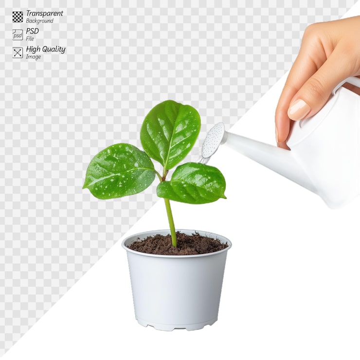 PSD una mano riega una planta verde joven con una lata de riego que simboliza el crecimiento, la crianza y el cuidado del medio ambiente sobre un fondo transparente