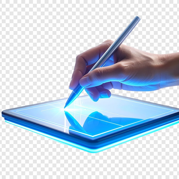PSD mano sosteniendo un lápiz óptico dibujando en una tableta iluminada.