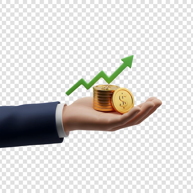 PSD mano sosteniendo monedas de oro y flecha ascendente. concepto de crecimiento financiero