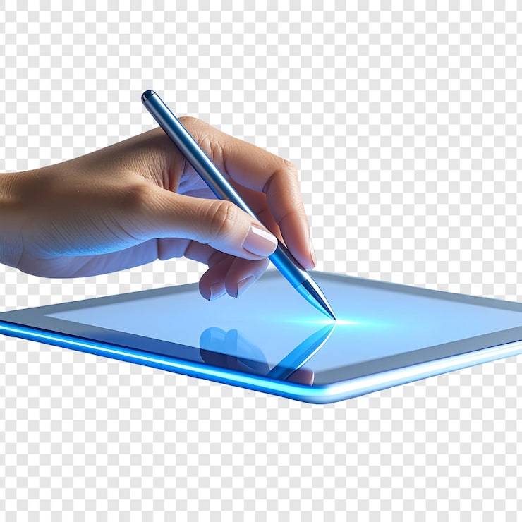 PSD mano usando un lápiz óptico en una tableta que muestra un dibujo digital, ilustración de tecnología moderna