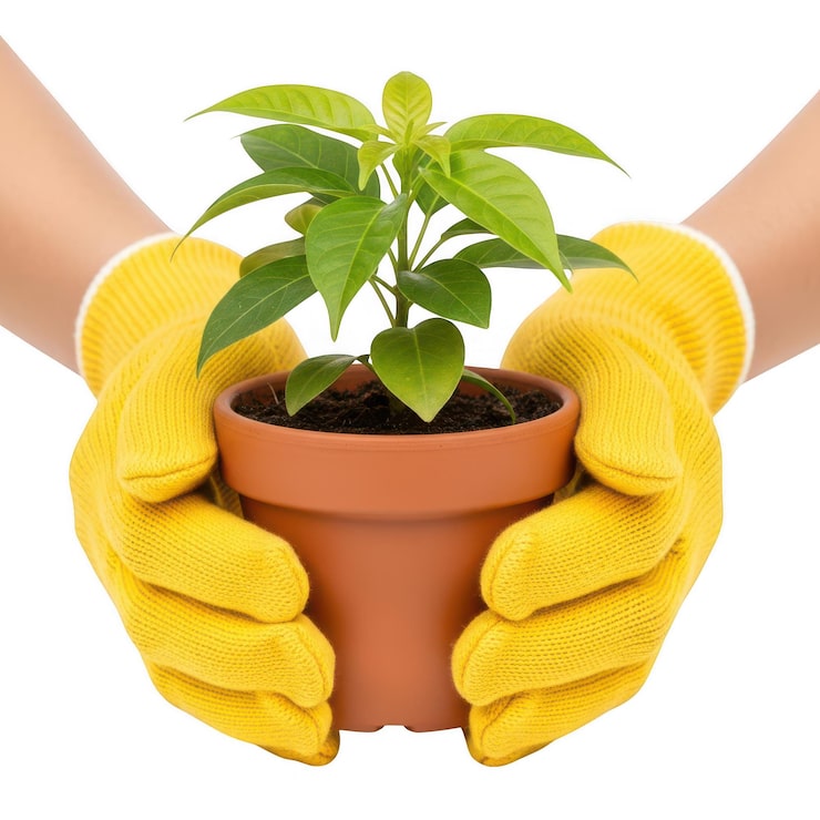 PSD manos con guantes amarillos sosteniendo una planta en maceta