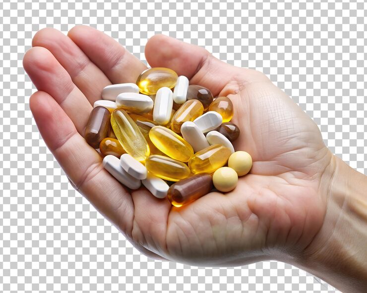 PSD manos con suplementos dietéticos y vitaminas