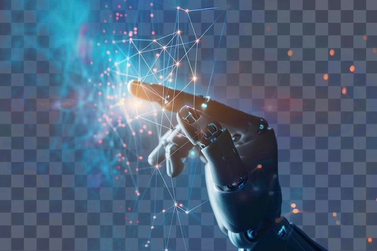 PSD mão de robô de inteligência artificial apontando um dedo para um microfone de arte humano