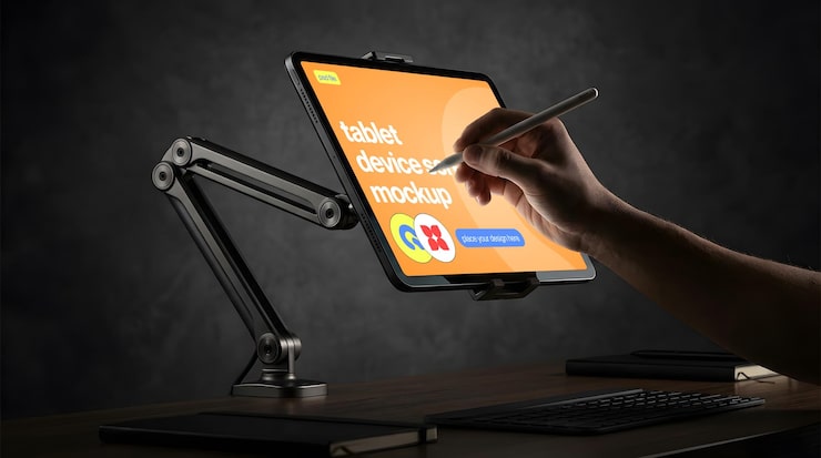 PSD mão usando caneta stylus em mockup de tela de tablet montado em suporte articulado