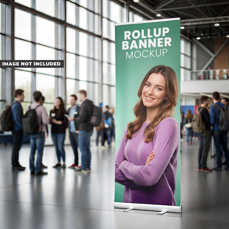 PSD maqueta de banner enrollable exhibida en un evento profesional
