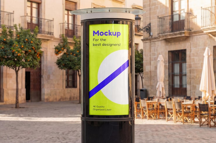 PSD maqueta de columna publicitaria exterior en plaza de ciudad europea