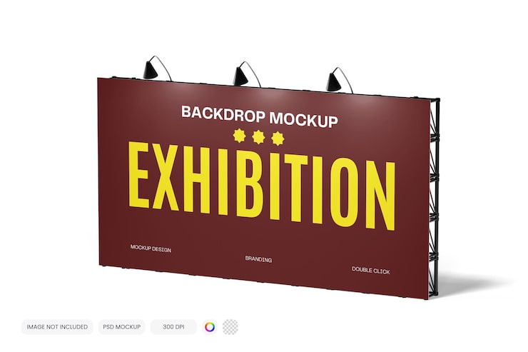 PSD maqueta de exhibidor profesional personalizable de telón de fondo de exposición con estructura de acero