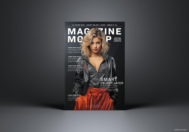 PSD maqueta de portada de revista sobre superficie oscura