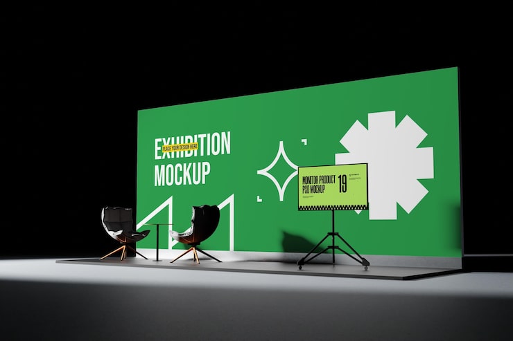 PSD maqueta de stand de exposición verde con monitor y sillas